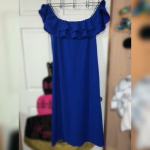 Royal blue long slit ruffles of shoulder dress